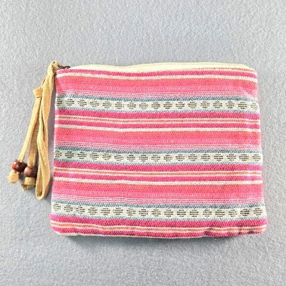 Multicolor Striped Woven Wristlet Makeup Travel Bag Wooden Bead Accents India - Picture 1 of 7